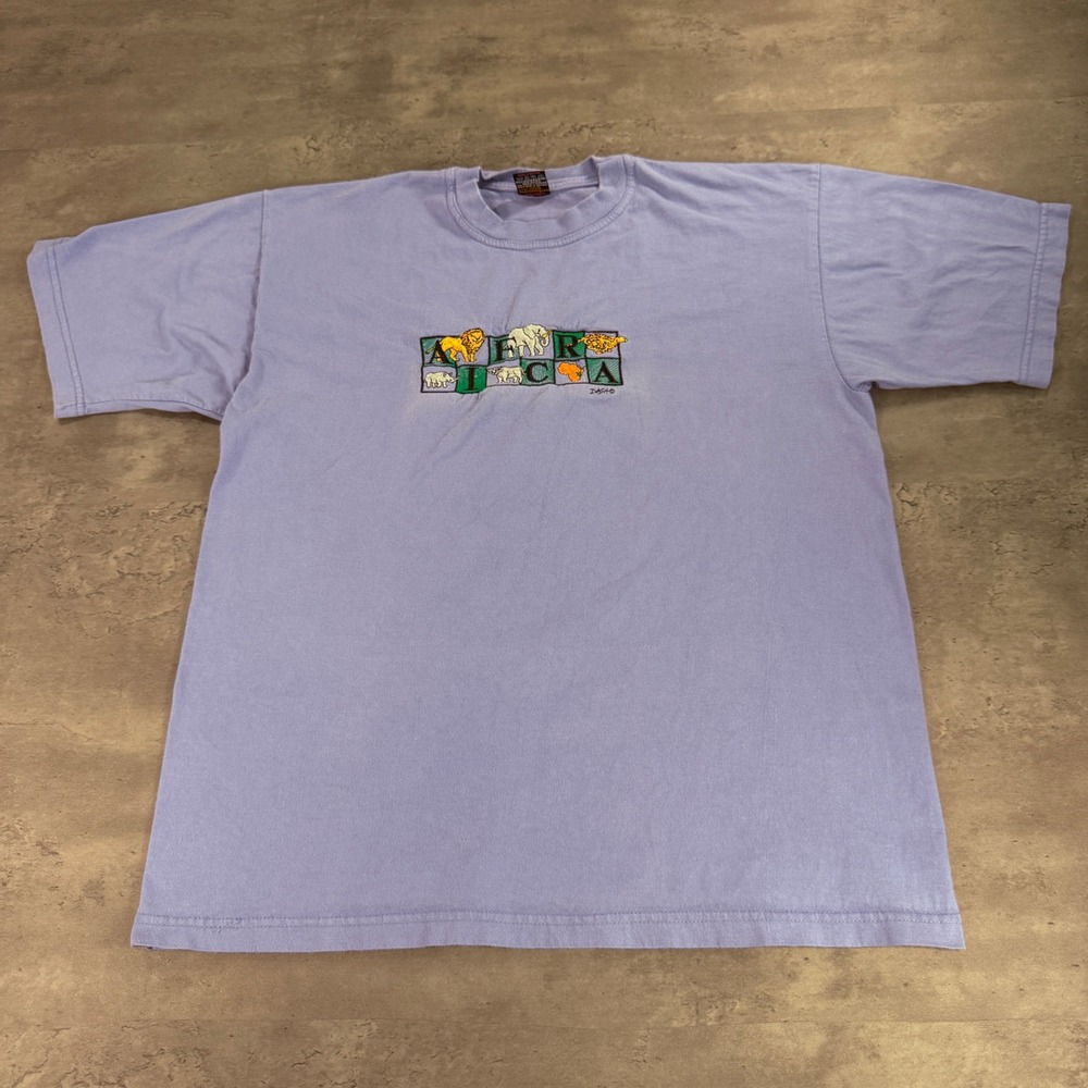 Dash Africa T-Shirt Mens Large Lavender Lilac‎ Embroidered Safari Animal Vintage